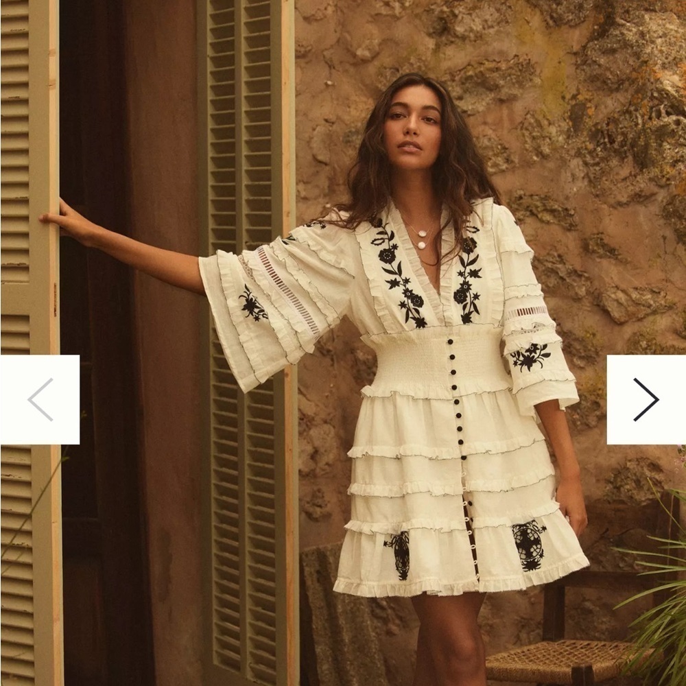Anthropologie Embroidered V-Neck Ruffled Mini Dress XS Color: WHITE NWT